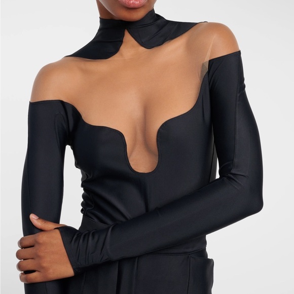Mugler Lycra Mesh High Neck Cutout Long Sleeve Thumbhole Revolve Bodysuit Sz 42 - Picture 6 of 14